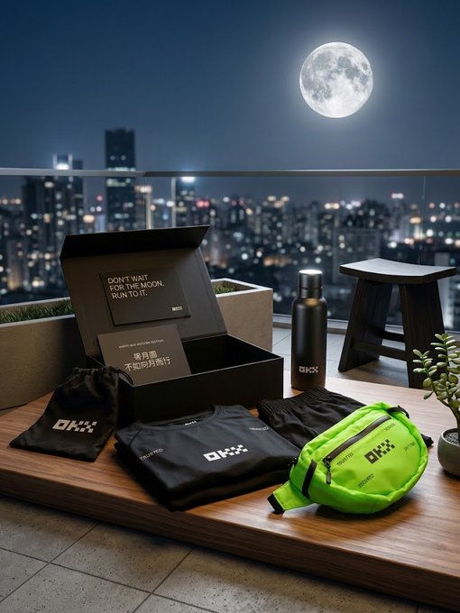 A product photography setup featuring OKX running gear (clothing, water bottle, and a neon green fanny pack) arranged on a rooftop with a city skyline and full moon in the background.