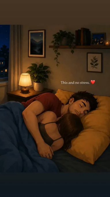 An illustrated image shows a couple sleeping peacefully in bed with text reading "This and no stress." and a red heart emoji.