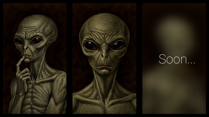A triptych illustration of a classic grey alien with large black eyes, showing the alien in two detailed poses on the left and center, and a blurred third panel with the text 'Soon...' on the right.