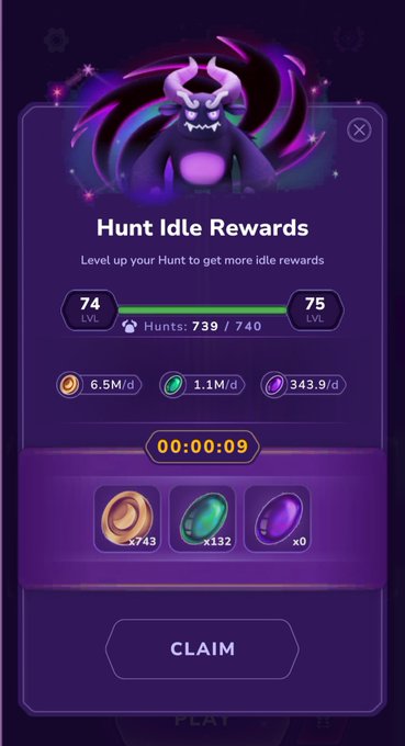 A mobile game screen titled 'Hunt Idle Rewards' showing a level 74/75 shadow monster character with a countdown timer and a 'CLAIM' button.