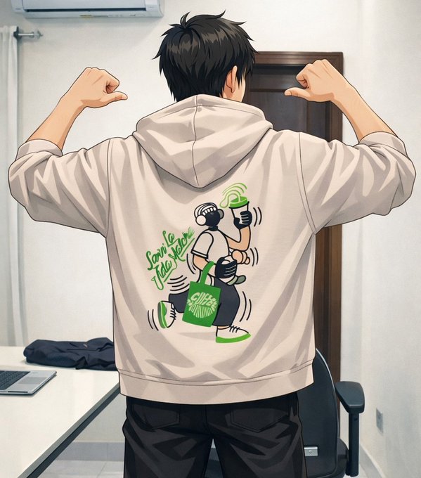 The image features a man wearing a white hoodie with green text that says "Simple Life". He has his arms raised, possibly celebrating or expressing excitement about something. The background of the image shows a desk with various items such as a laptop, a book, and a chair. There is also an open door in the scene.