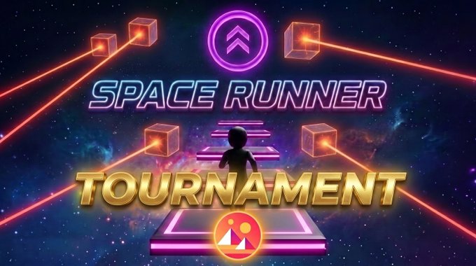 A vibrant promotional graphic for a 'SPACE RUNNER TOURNAMENT' featuring neon pink and orange glowing cubes against a cosmic background.