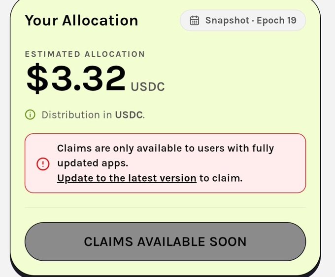 A Grass allocation interface shows an estimated $3.32 USDC reward from Snapshot Epoch 19, with a notice that claims require the latest app version and a "Claims Available Soon" button, reflecting the new Stage 2 Rewards Checker that pays bandwidth contributions in USDC instead of GRASS tokens.