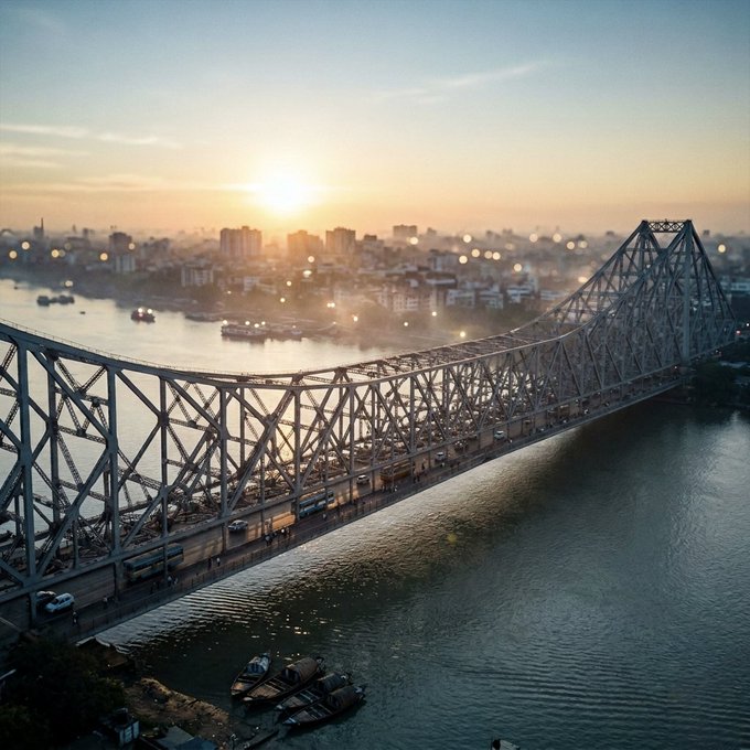 An aerial view captures a large steel truss bridge over a wide river at sunset or sunrise, with a city skyline and boats visible in the hazy distance.