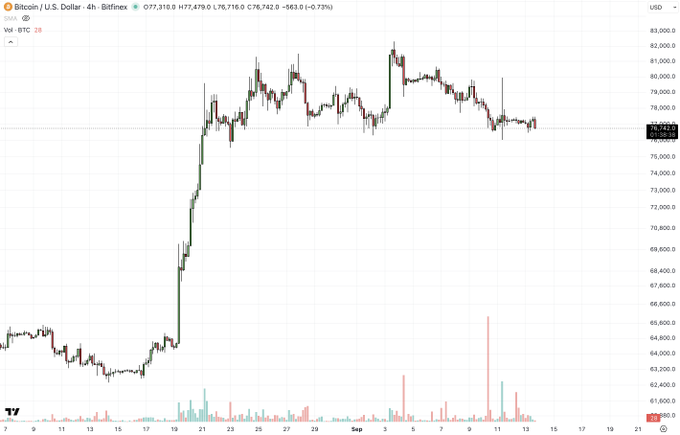 A Bitcoin/USD 4-hour candlestick chart on Bitfinex shows BTC trading at approximately $77,310 with a recent price range between $76,742 and $77,479, displaying significant volatility over the period shown.