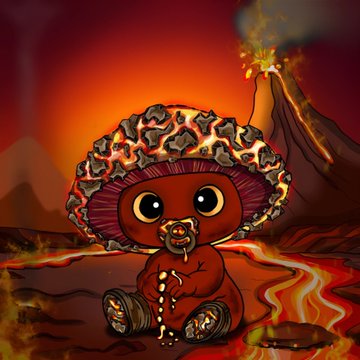 A cartoon illustration of a baby with a pacifier, sucking its thumb, and wearing a brain-shaped mushroom cap, sitting in a fiery, volcanic landscape with lava flows.