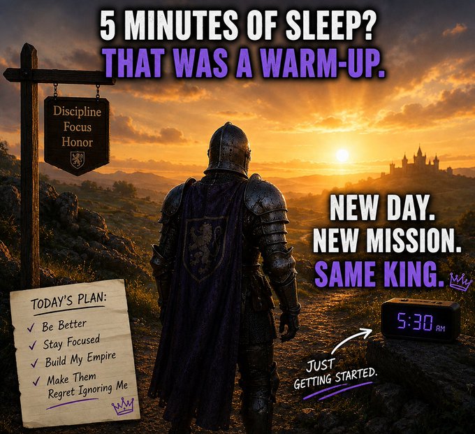 A motivational poster features a knight looking at a sunrise with text: '5 MINUTES OF SLEEP? THAT WAS A WARM-UP. NEW DAY. NEW MISSION. SAME KING.' including a 'Today's Plan' checklist and a 5:30 AM clock.