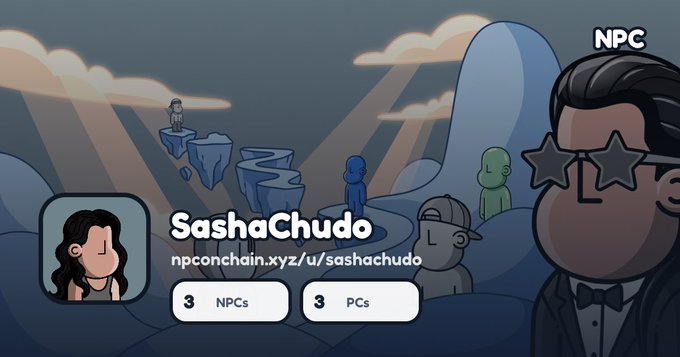 A profile card for 'SashaChudo' on npconchain.xyz showing 3 NPCs and 3 PCs, featuring cartoon avatars on a cliffside landscape.