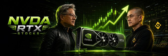 This image features Jensen Huang and Changpeng Zhao alongside an NVIDIA RTX graphics card, with a stock chart indicating growth, tying into the post's discussion about "NVDA RTX STOCKS".