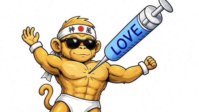 A cartoon illustration shows a muscular monkey wearing sunglasses and a headband with the Japanese characters 神 and 風, posing next to a large syringe labeled 'LOVE'.