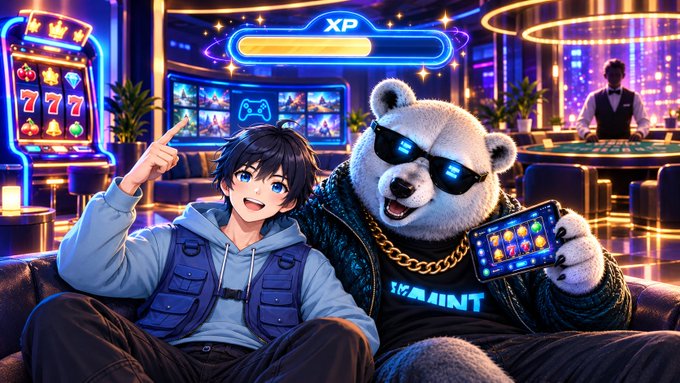 A young anime-style gamer points excitedly at an XP progress bar while sitting next to a sunglasses-wearing polar bear mascot holding a slot machine, in a vibrant casino lobby featuring a PlayOnMint ("MAINT") slot machine and live dealer tables. The image visually reinforces the post's point about PlayOnMint's quick-paced slot gameplay and XP progression compared to slower live casino sessions.