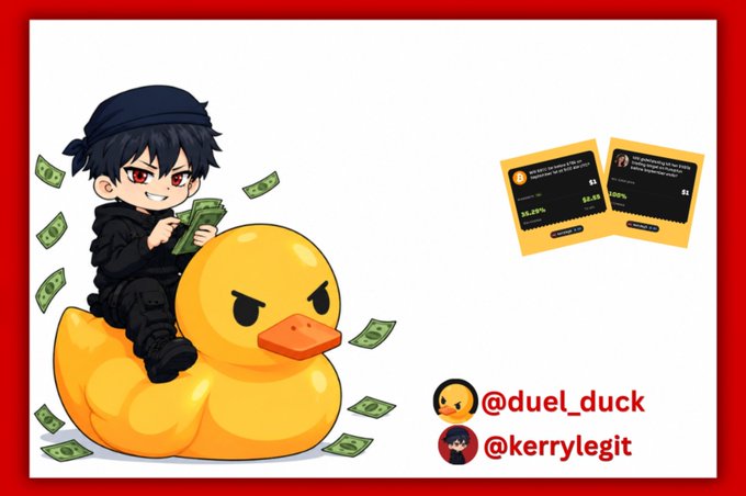 A cartoon promotional graphic featuring a chibi character sitting on a rubber duck surrounded by money, with social media handles '@duel_duck' and '@kerrylegit' displayed.