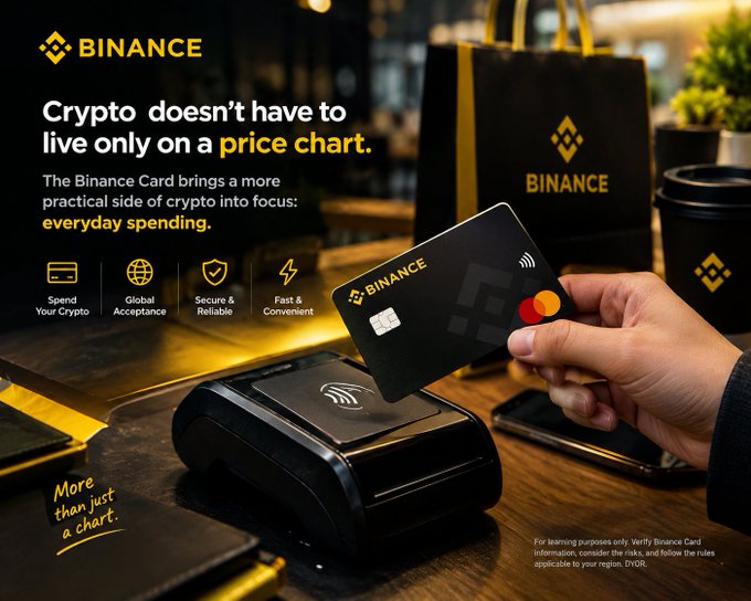 A Binance promotional advertisement featuring a hand holding a Binance Card at a payment terminal, with the headline 'Crypto doesn't have to live only on a price chart.' highlighting everyday spending benefits.