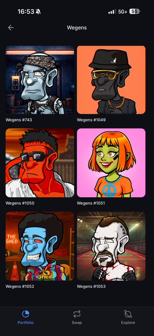 A mobile app screenshot of a portfolio showing six 'Wegens' NFT characters (#743, #1049, #1050, #1051, #1052, #1053) displayed in a 2x3 grid.