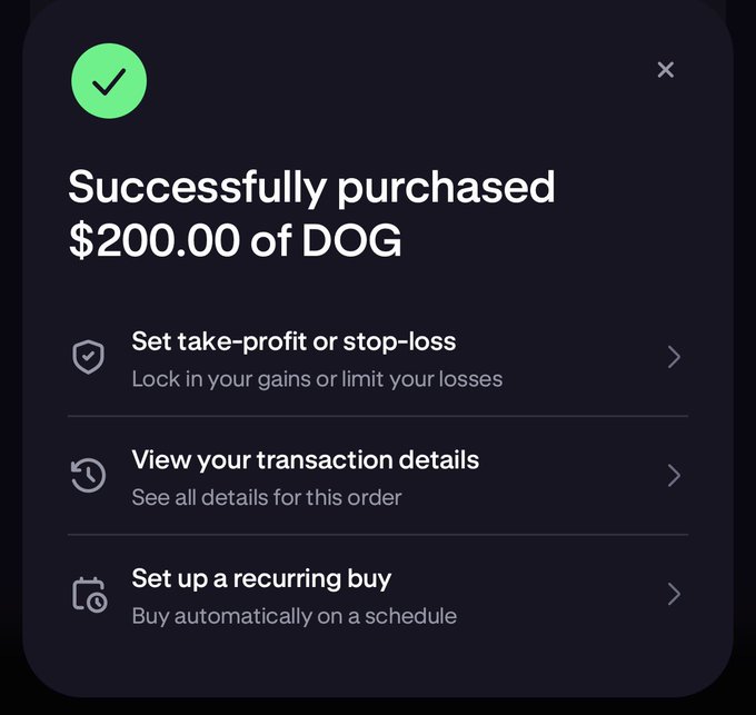 A confirmation screen shows a successful $200.00 purchase of DOG, with options to set take-profit/stop-loss, view transaction details, or set up recurring buys. The post celebrates the dip-buying strategy, expressing bullish sentiment for DOGE and confidence in an upcoming rally.