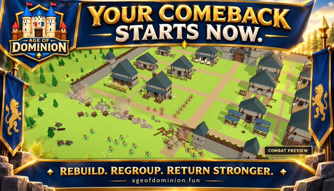 A promotional screenshot for the mobile game 'Age of Dominion' with the headline 'YOUR COMEBACK STARTS NOW' and the tagline 'REBUILD. REGROUP. RETURN STRONGER.' featuring a medieval-style village scene.