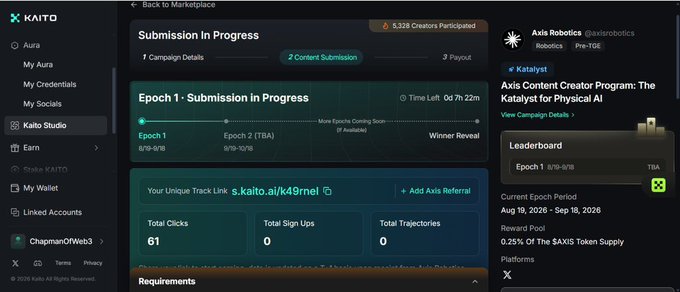 A screenshot of the Kaito platform showing a 'Submission In Progress' page for the 'Axis Robotics @axiserobotics' content creator program, tagged as 'Katalyst' for Physical AI, with campaign details, epoch 1 timeline (8/9-8/16), and submission statistics.