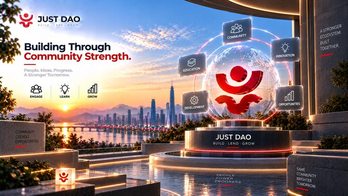 A promotional image for 'JUST DAO' with the tagline 'Building Through Community Strength' and 'BUILD. LEND. GROW,' showing a futuristic cityscape with a central 3D logo.