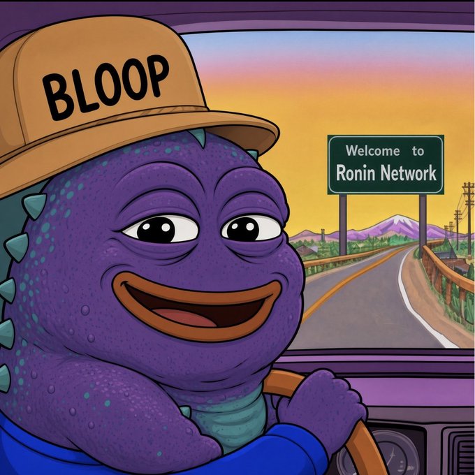 A cartoon purple monster wearing a tan cap that reads "BLOOP" is driving, with a highway sign behind it saying "Welcome to Ronin Network" against a sunset backdrop.