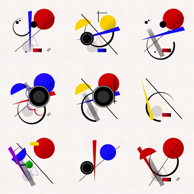 A 3x3 grid of abstract geometric compositions featuring red, blue, yellow, and black circles, lines, and triangles on a light background in a Suprematist or Constructivist style.