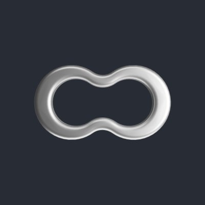 A silver metallic 3D-rendered infinity symbol or figure-eight shape against a dark gray background.