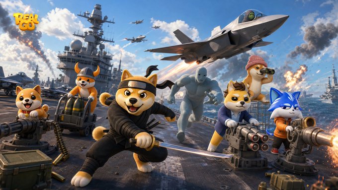A cartoon "PEAK GO" logo appears in the top left corner as an ensemble of Shiba Inu characters styled as warriors—including one with a headband wielding a katana, a ninja with a blue mask and orange armor operating heavy weaponry, a bespectacled figure, and others with binoculars—stand ready on a naval aircraft carrier deck. A fighter jet roars overhead while battleships and explosions fill the background, visually matching the post's announcement of "The Meme Squad" deploying to the Strait of Hormuz.