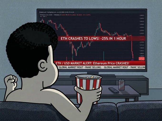 The image shows a boy sitting in front of a TV screen with his popcorn and drinking soda while looking at the stock market chart. The text accompanying the image suggests that the boy's popcorn might be affected by an event happening in the world, possibly related to the crypto space or the economy as a whole. He is watching something on television, which could be news, sports, or another type of broadcast, with the stock market constantly changing and influencing his popcorn. This highlights how even small events can impact everyday situations, such as enjoying a simple snack like popcorn while being engaged in something related to global economies and markets.