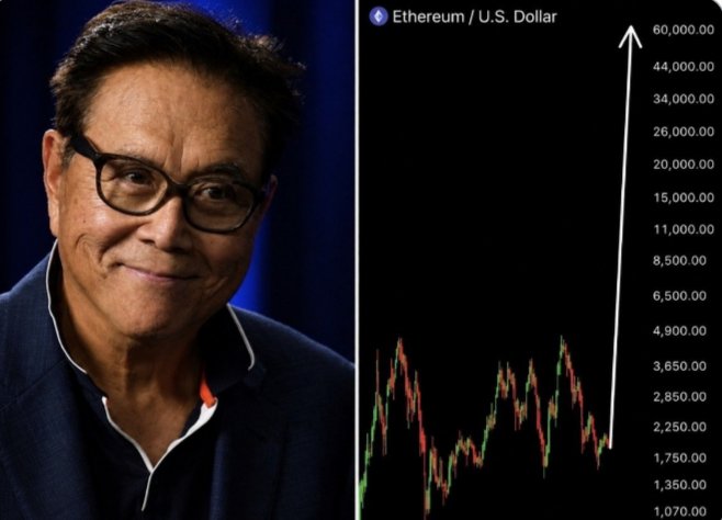 Robert Kiyosaki pictured alongside an Ethereum/USD price chart with an arrow projecting toward $60,000, illustrating his ambitious (and statistically unlikely) call for ETH to reach that level this year.