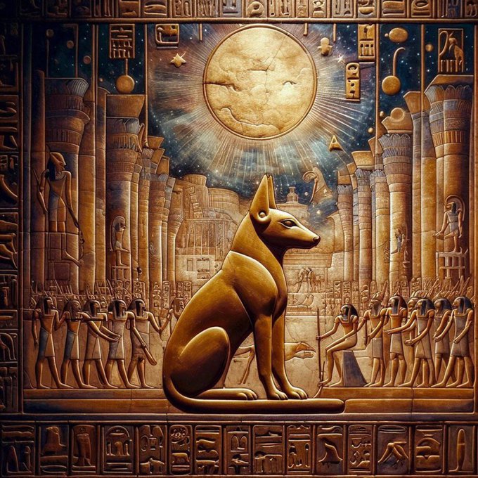 An AI-generated artwork depicting an Egyptian golden cat statue seated before ancient pillars and hieroglyphs, with a large moon glowing in the background.