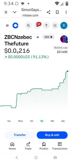 A Coinbase app screenshot shows token ZBCN zebec The future trading at $0.0216 with a 91.13% gain, aligning with the post highlighting ZBCNS's 90% 24-hour surge on the Pump.Fun ecosystem via Solana.