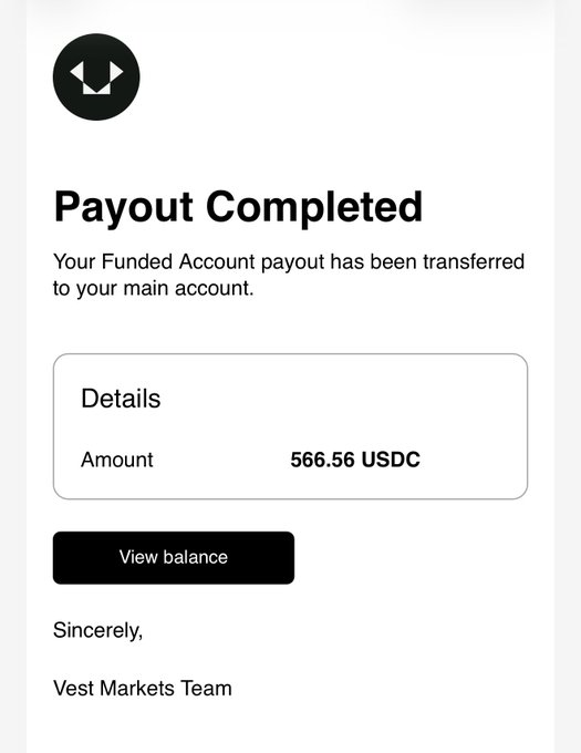 A mobile app notification screen displaying 'Payout Completed' with a funded account transfer of '566.56 USDC' from the Vest Markets Team.