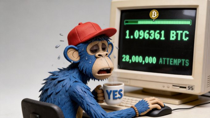 A 3D illustration of a sad, sweating blue monkey wearing a red cap sitting at an old computer showing "1.096361 BTC" and "28,000,000 ATTEMPTS," holding a mug labeled "YES."