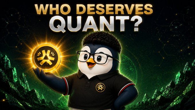 A promotional graphic featuring a penguin mascot wearing glasses and a black shirt, holding up a glowing gold token, with the text 'WHO DESERVES QUANT?' against a green crystalline background.