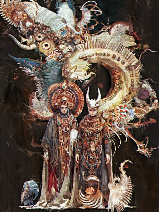 An elaborate dark-fantasy artwork depicts two elaborately dressed figures surrounded by ornate, fantastical creatures, skeletal forms, and decorative motifs.