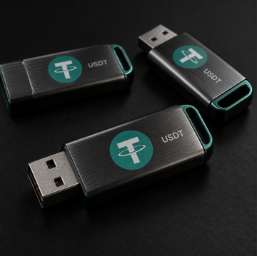 Three black USB drives branded with the "USDT" Tether logo rest on a dark surface, visually representing how the stablecoin payment of $230 million for undelivered Venezuelan oil was physically transferred via hardware wallets to circumvent US sanctions.