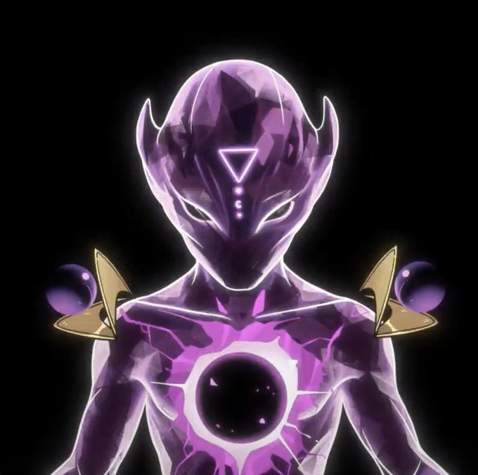 A stylized, dark purple and black illustration of an alien-like humanoid figure with glowing features, horns, and a dark void in its chest, set against a black background.