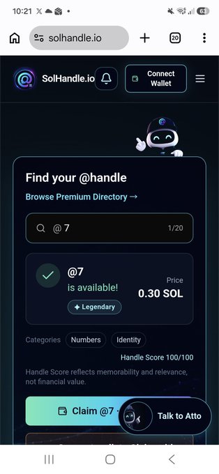 A mobile screenshot of solhandle.io showing the handle '@7' is available as a 'Legendary' category with a Handle Score of 100/100, priced at 0.30 SOL, with options to Claim @7 or Talk to Atto.