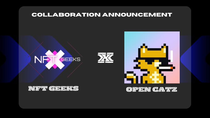 The image is a "Collaboration Announcement" graphic featuring the NFT Geeks logo on the left and a pixelated yellow cat wearing a crown from the Open Catz collection on the right, separated by an "X" symbol. It visually promotes the partnership between NFT Geeks and Open Catz announced in the post.