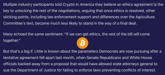 A screenshot of a Crypto In America article on a blue background, discussing industry participants' views that resolving an ethics agreement is the key to unlocking broader negotiations, including law enforcement support and differences over the Agriculture Committee's text, with a Bitcoin logo at the center.

The image does not appear to relate directly to the post about $LUNC and Greenpeace UNITED, which references a cryptocurrency and environmental activism rather than Bitcoin-specific legislation or ethics negotiations in Congress.
