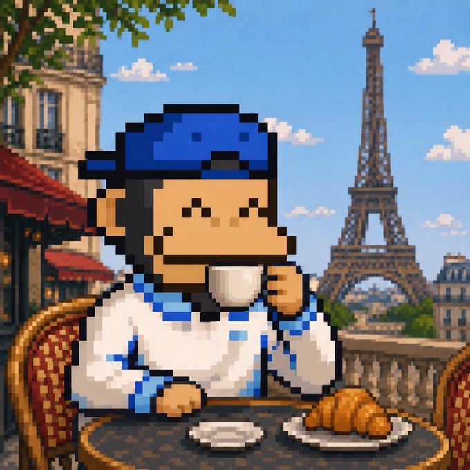 A pixel art illustration of a monkey wearing a blue cap and scarf, drinking coffee at a Parisian cafe with the Eiffel Tower in the background and a croissant on the table.