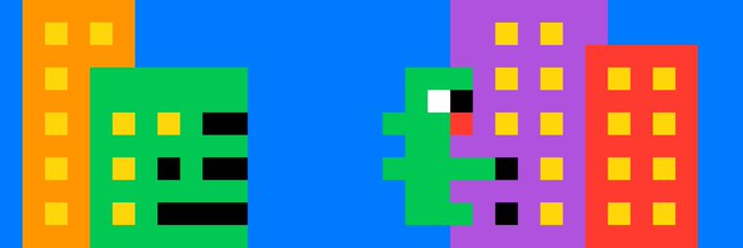 A pixelated green dinosaur-like creature from the classic video game Rampage navigates between colorful city buildings. The simple, blocky art style reflects the nostalgic arcade game many kids remember playing in the 90s and early 2000s.