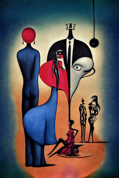 A surrealist painting features stylized figures including a tall blue figure with a red balloon head, a suited figure with a large eye, and other abstract characters against a blue and orange gradient background.