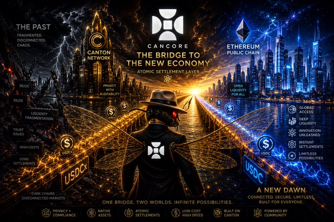 A promotional banner for 'CANCORE THE BRIDGE TO THE NEW ECONOMY' showing a figure with insect-like wings facing a contrast between a chaotic 'PAST' (Canton Network) and a futuristic cityscape (Ethereum Public Chain).