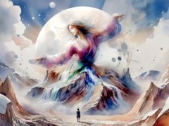 A fantasy digital artwork depicting a colossal, ethereal female figure in a flowing gown emerging from the clouds above a mountainous landscape, with a tiny figure standing on a cliff watching her.