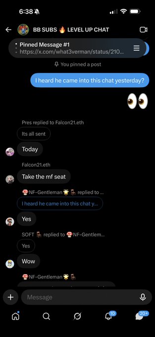 A mobile screenshot of a Twitter DM group chat titled "BB SUBS 🔥 LEVEL UP CHAT" showing a pinned message and users like Pres, Falcon21.eth, NF-Gentleman, and SOFT discussing someone named "he" who came into the chat, with the caption alluding to the group building "chairs" in mutual fun with @themutualfun.