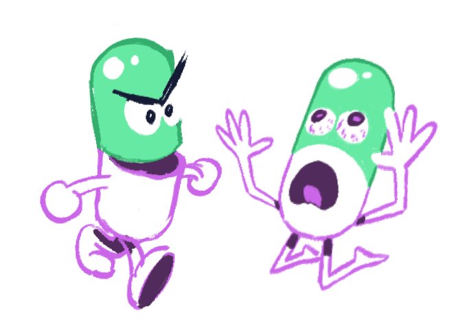A humorous hand-drawn cartoon illustration of two green pill-shaped figures with faces, one looking angry and running, the other appearing frightened with hands raised.