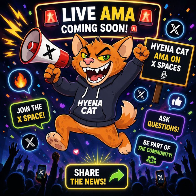A vibrant promotional graphic for a "LIVE AMA COMING SOON!" featuring a cartoon character in a "HYENA CAT" hoodie holding a megaphone and a sign for a "HYENA CAT AMA ON X SPACES".