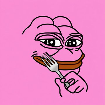 A cartoon Pepe the Frog holds a fork against a pink background. The accompanying caption "PepeFork = Pepe" suggests that the image is a playful reference to the cryptocurrency token PepeFork, with the fork serving as a visual pun on its name while the character itself represents Pepe.