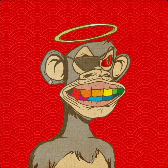 A cartoon illustration of a grey monkey with an eyepatch, golden halo, and colorful rainbow teeth, set against a red patterned background.