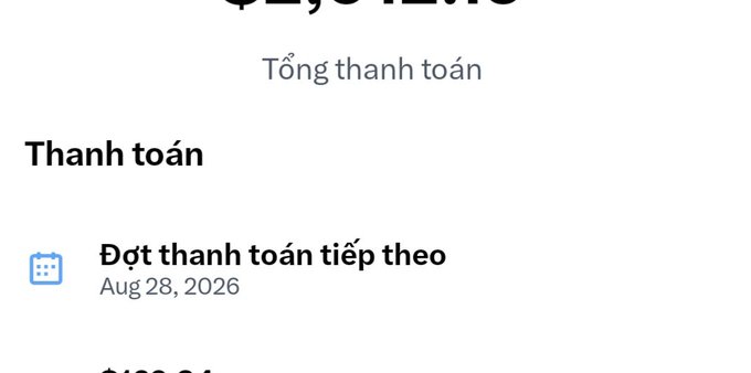 A payment confirmation screen in Vietnamese showing a schedule section titled "Tổng thanh toán" and "Thanh toán" with a next payment date of Aug 28, 2026.